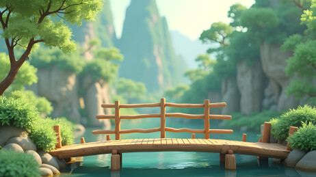 山村河边木质小桥3D立体插画