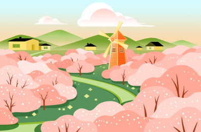 二十四节气-春天的春分樱花海里的风车