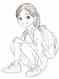 少女学校背包蹲坐素描