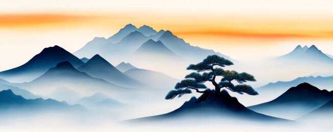 水墨山峦松树图