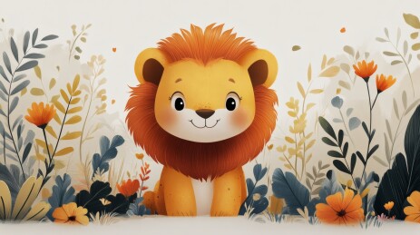 可爱小狮子花丛嬉戏图