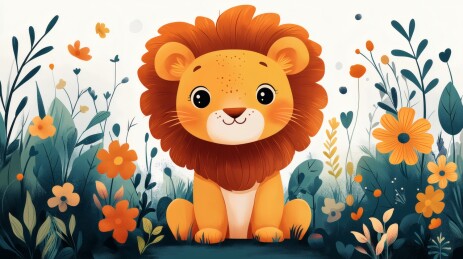 可爱小狮子花丛嬉戏图