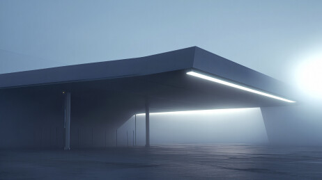 晨雾中混凝土极简结构带光轨的超级充电站