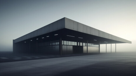 晨雾中混凝土极简结构带光轨的超级充电站