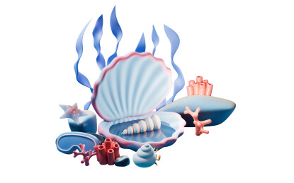 卡通风格海底贝壳生物背景三维渲染