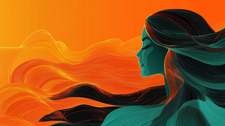 线条风格橙色与绿色渐变的女性侧脸