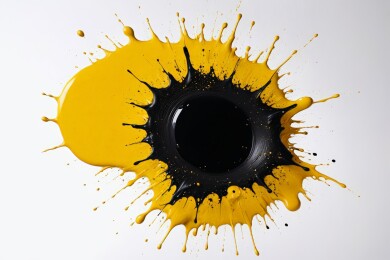 白色背景溅有黑黄相间的油漆高清图片