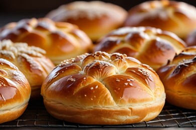 冷却架上一堆面包特写高清图片