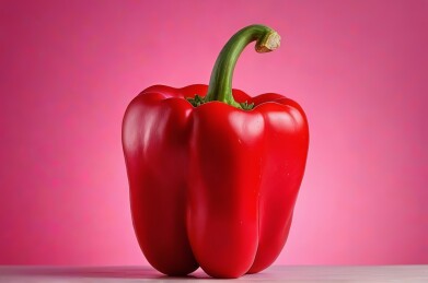 粉红色背景一个绿色茎的红辣椒高清图片