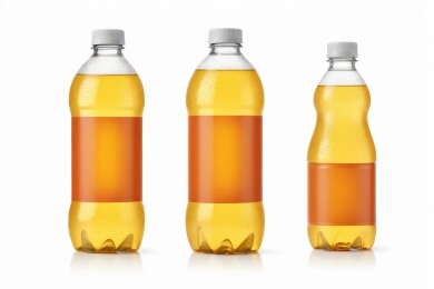 三瓶苏打水白色瓶盖和黄色液体高清图片