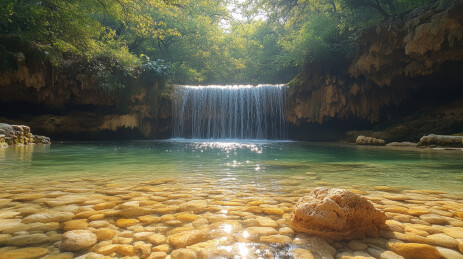 阳光下的瀑布水潭