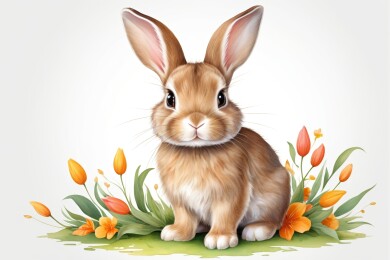 一只兔子坐在草丛里花朵朵朵高清图片