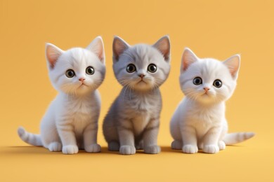 三只小猫在黄色背景一只盯着镜头图片