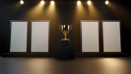 聚光灯下的金杯和空白相框