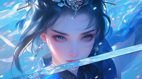 蓝衣女子持剑画像