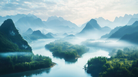 雾气缭绕的漓江山水