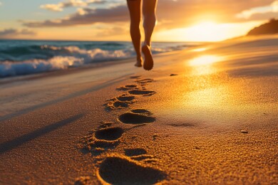 落日余晖下的海滩跑步者