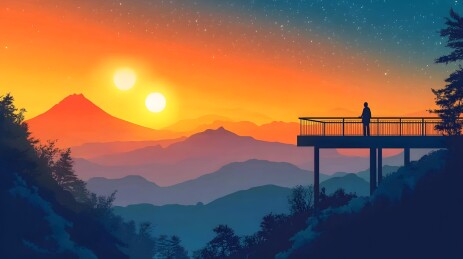 夕阳余晖中的山顶观景台