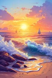 夕阳余晖中的海浪与礁石
