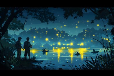 夏夜湖边垂钓者与飞舞的蚊子