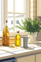 白色台面上的复古铝杯与蜂蜜