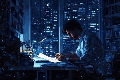 作家书桌前沉思写作的静谧场景