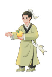 穿着传统服装的古代男孩拿着梨