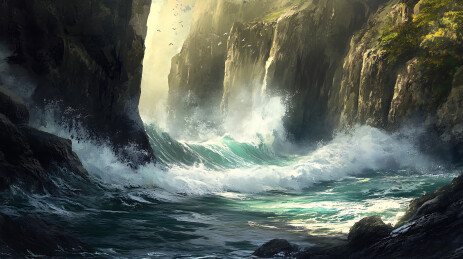 海浪撞击石滩，海水飞溅