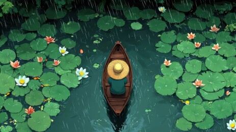 雨中独木舟莲叶飘香