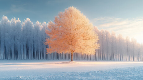 雪地中橙光映照的孤树