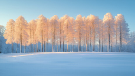 雪野中映着金光的霜树林