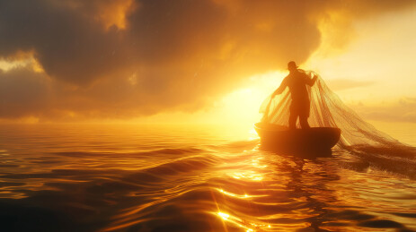 夕阳下渔民正在撒网捕鱼