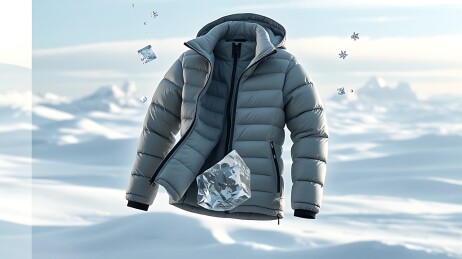 雪地中飘浮着一件灰色羽绒服周围有雪花飞舞