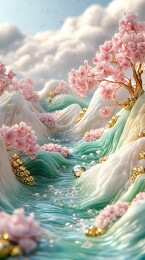 粉色碧波金色山川