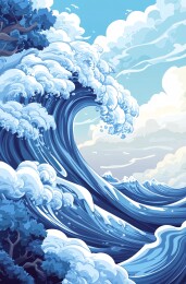 大浪蓝白艺术插画