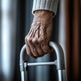 老人手扶助行器的手部特写