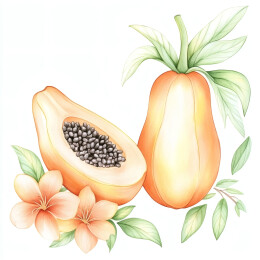 手绘木瓜及其花朵绿叶