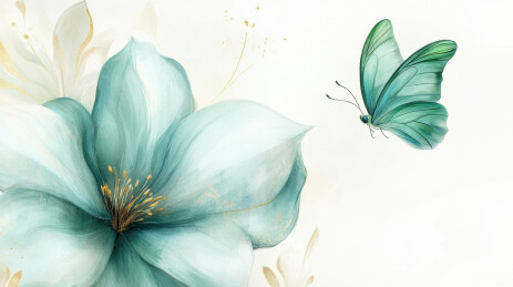 水彩青花与绿蝶