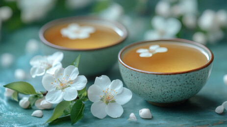 清雅茶盏春意盎然