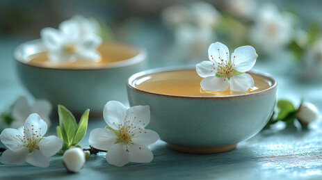 清雅茶盏春意盎然