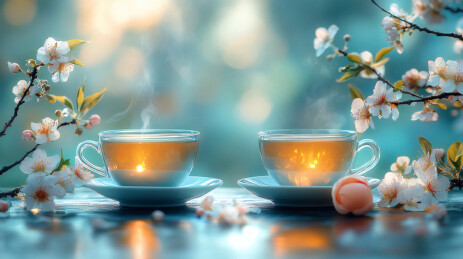 清雅茶盏春意盎然