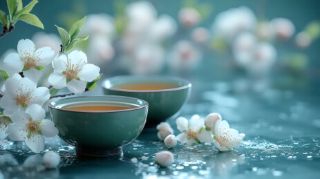 清雅茶盏春意盎然