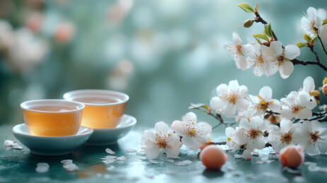 清雅茶盏春意盎然