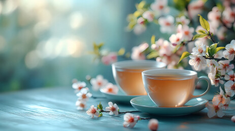 清雅茶盏春意盎然