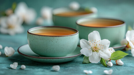 清雅茶盏春意盎然