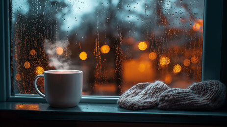 下雨天窗边的热饮和手套