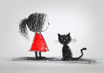 涂鸦风格插画一只小猫和小女孩