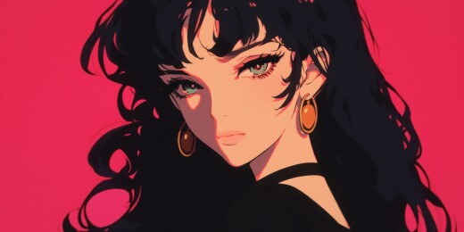 红背景下黑发女子画像