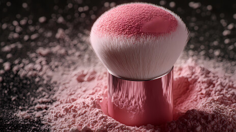 化妆刷沾取粉色粉末