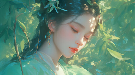 绿叶丛中少女画像